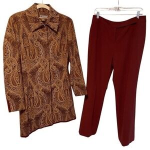 Allen Schwartz Paisley Brocade Velvet Trim Jacket Pants Set Gold Burgundy‎ 10